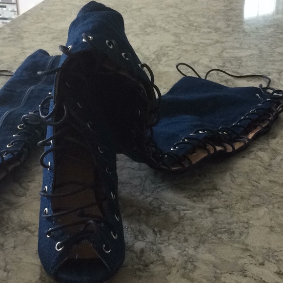 Thigh high denim lace up Sandals 7 - Picture 2 of 4